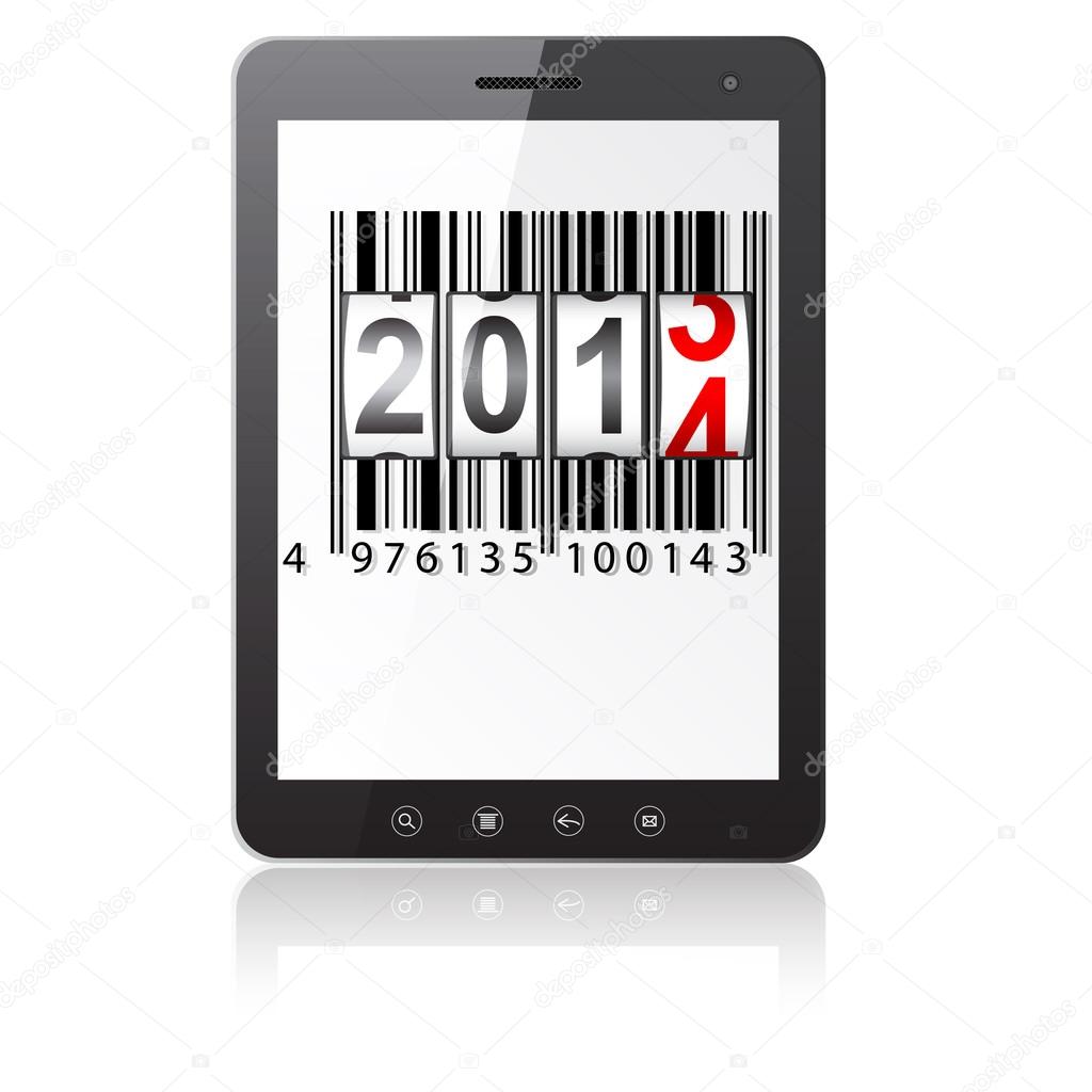 Tablet PC computer with 2014 New Year counter, barcode isolated