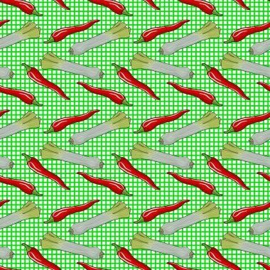 Seamless vegetable pattern leek and red pepper illustrati