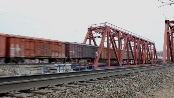 Tren de mercancías que viaja en el ferrocarril — Vídeos de Stock