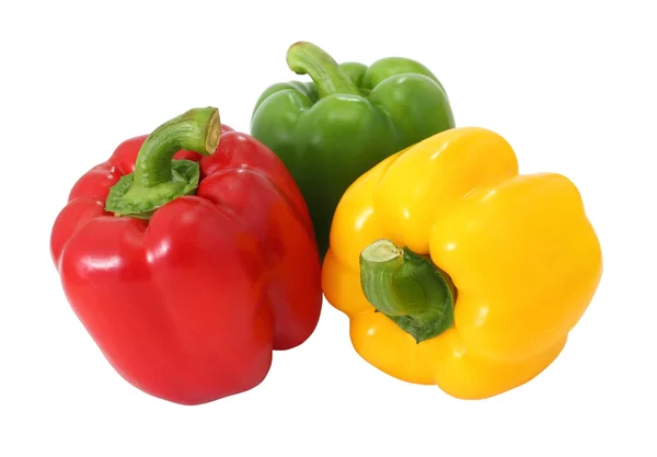 Piros zöld és sárga édes paprika elszigetelt fehér háttérben — Stock Fotó