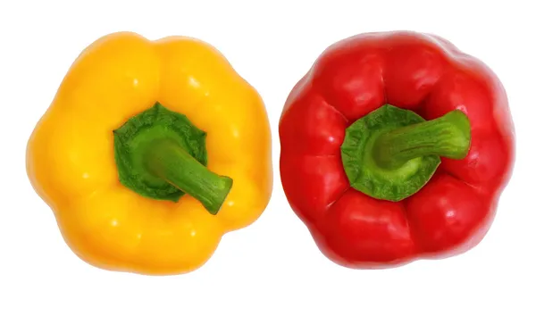 Top view, red and yellow sweet bell pepper isolated on white ba — Stock Photo, Image