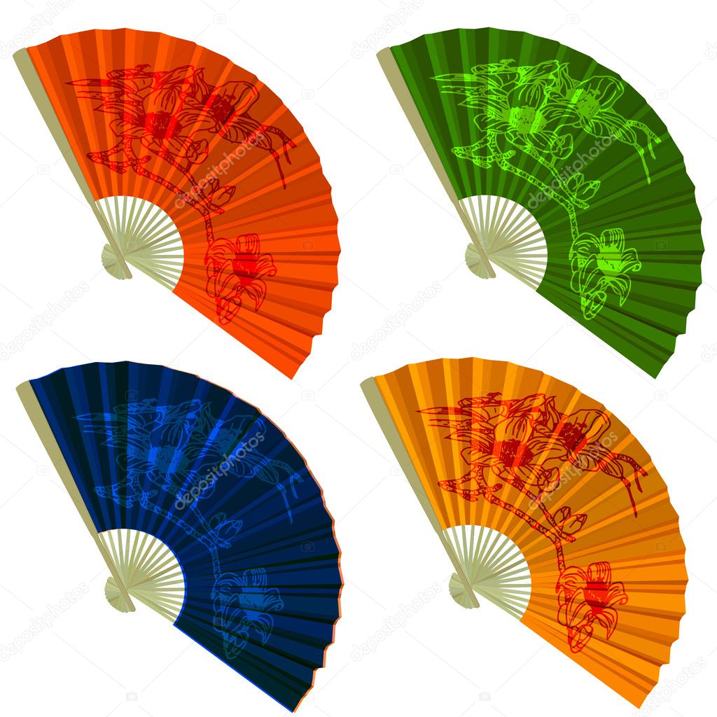 Set traditional Folding Fans with flowers illustration.