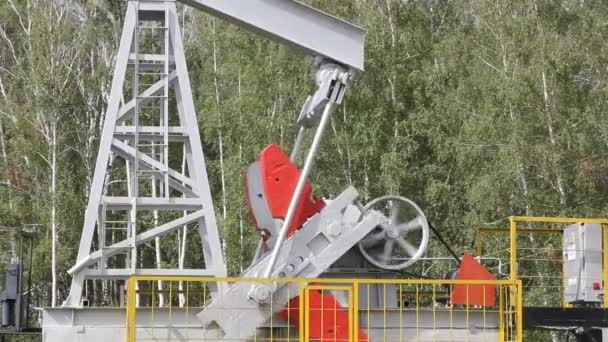 Pompe à huile travaillant dans la forêt. Équipement de l'industrie pétrolière . — Video