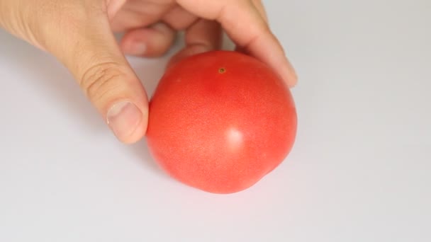 Mannelijke handen rode tomaten in plakken snijden, dolly schot — Stockvideo