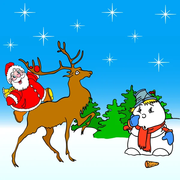 Papai Noel monta em veados e boneco de neve — Fotografia de Stock