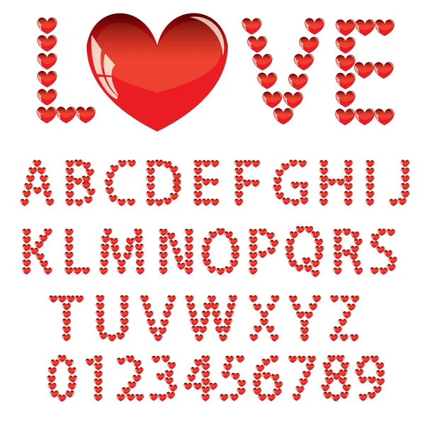Elsker alfabetet med hjertebokstaver og tall – stockvektor