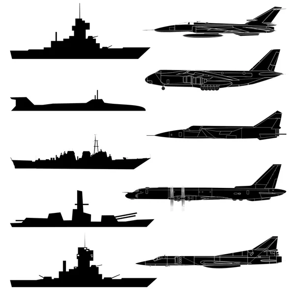 Un conjunto de aviones, barcos y submarinos militares . — Vector de stock