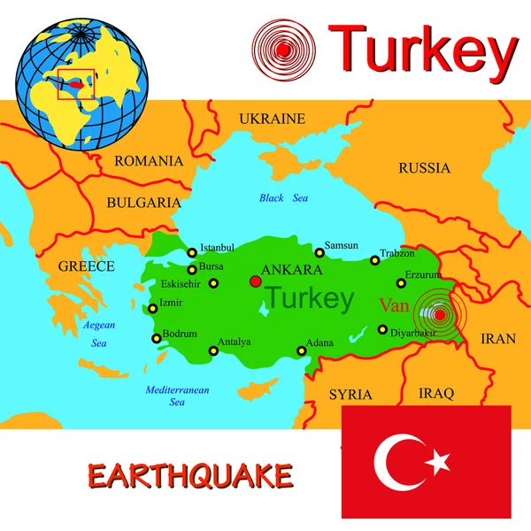 Turkey map with epicenter earthquake. — Stock Vector