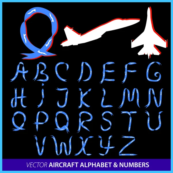 Aerobatics in an airplane alphabet letters and numbers — Stock Vector