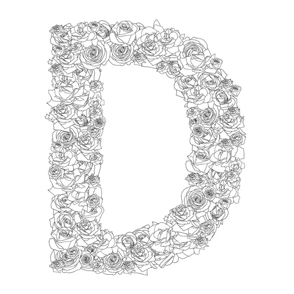 Alphabet fleuri de roses rouges, caractères D — Image vectorielle
