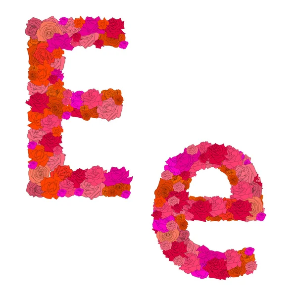 Alfabeto de flores de rosas rojas, caracteres E-e — Vector de stock