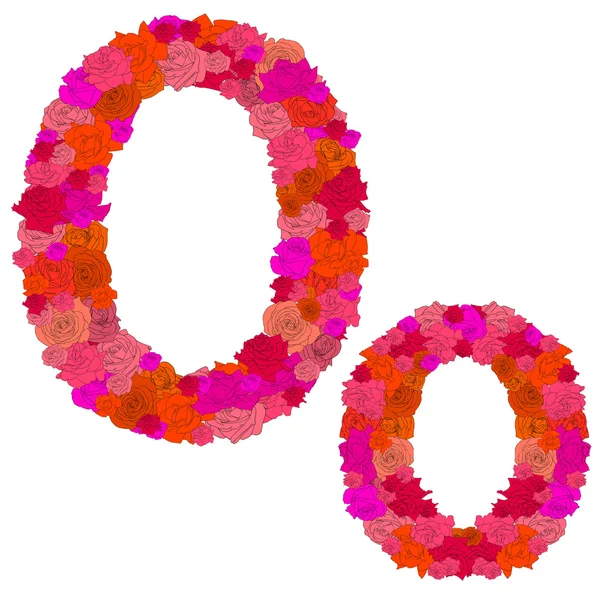 Alphabet fleuri de roses rouges, caractères O-o — Image vectorielle