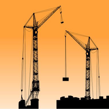 iki siluet vinç binanın üzerinde çalışıyor. vektör illustr