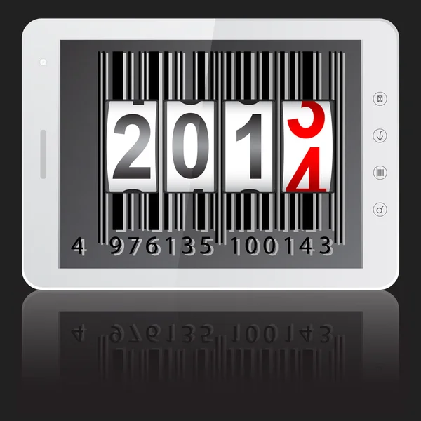 White tablet PC computer with 2014 New Year counter, barcode iso — Stock Vector