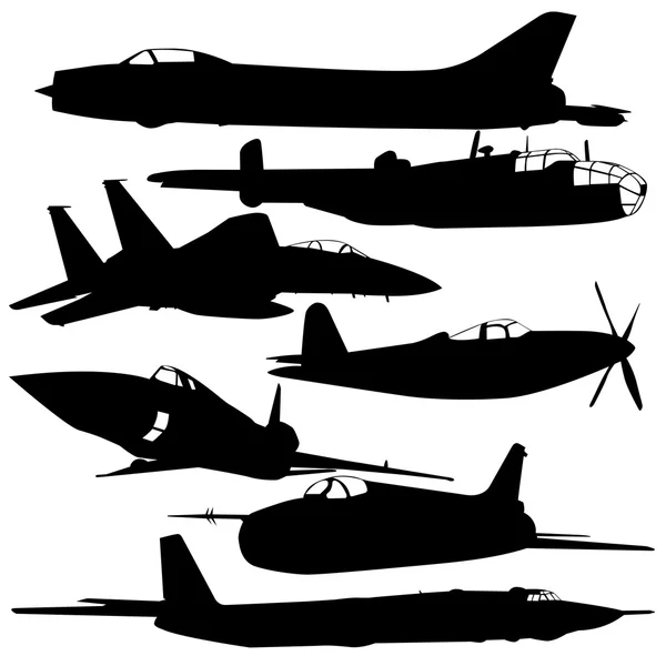 Collection of different combat aircraft silhouettes. — Stock Vector
