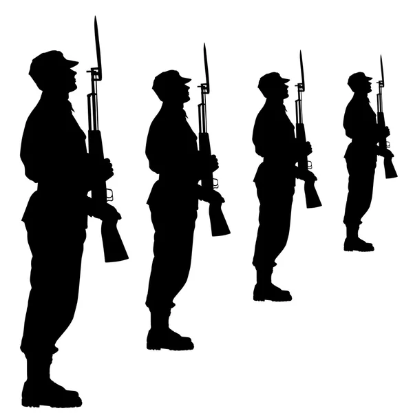 Soldados silhuetas durante um desfile militar. Vector illustratio — Vetor de Stock