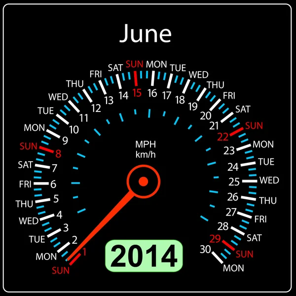 2014 jaar kalender snelheidsmeter auto in vector. juni. — Stockvector