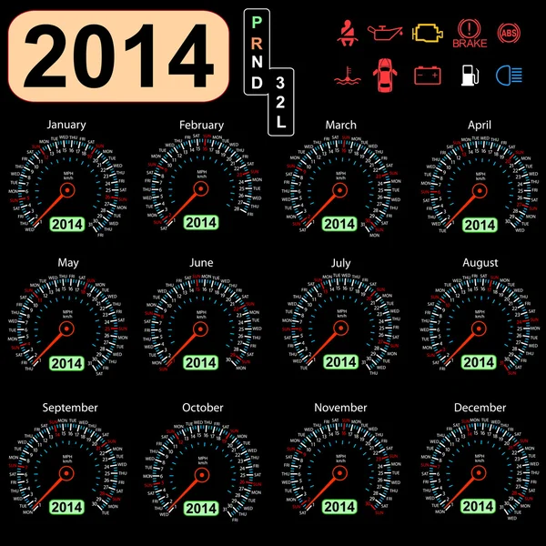 2014 anno calendario tachimetro auto in vettore . — Vettoriale Stock