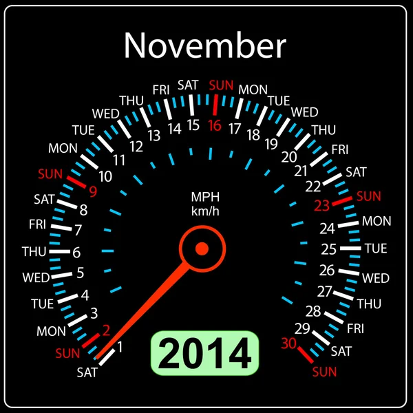 2014 year calendar speedometer car in vector. November. — Stock Vector