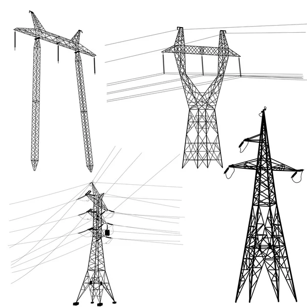 Zestaw sylwetka wysokiego napięcia linii energetycznych. — Wektor stockowy