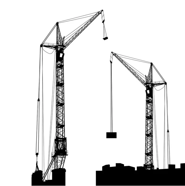 Silhouette von zwei Kränen, die am Gebäude arbeiten — Stockvektor