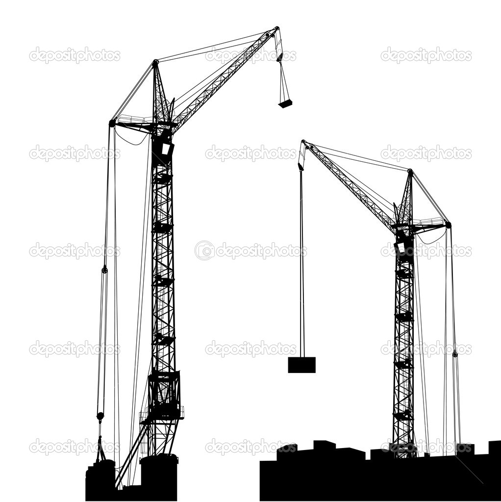 Silhouette of two cranes working on the building