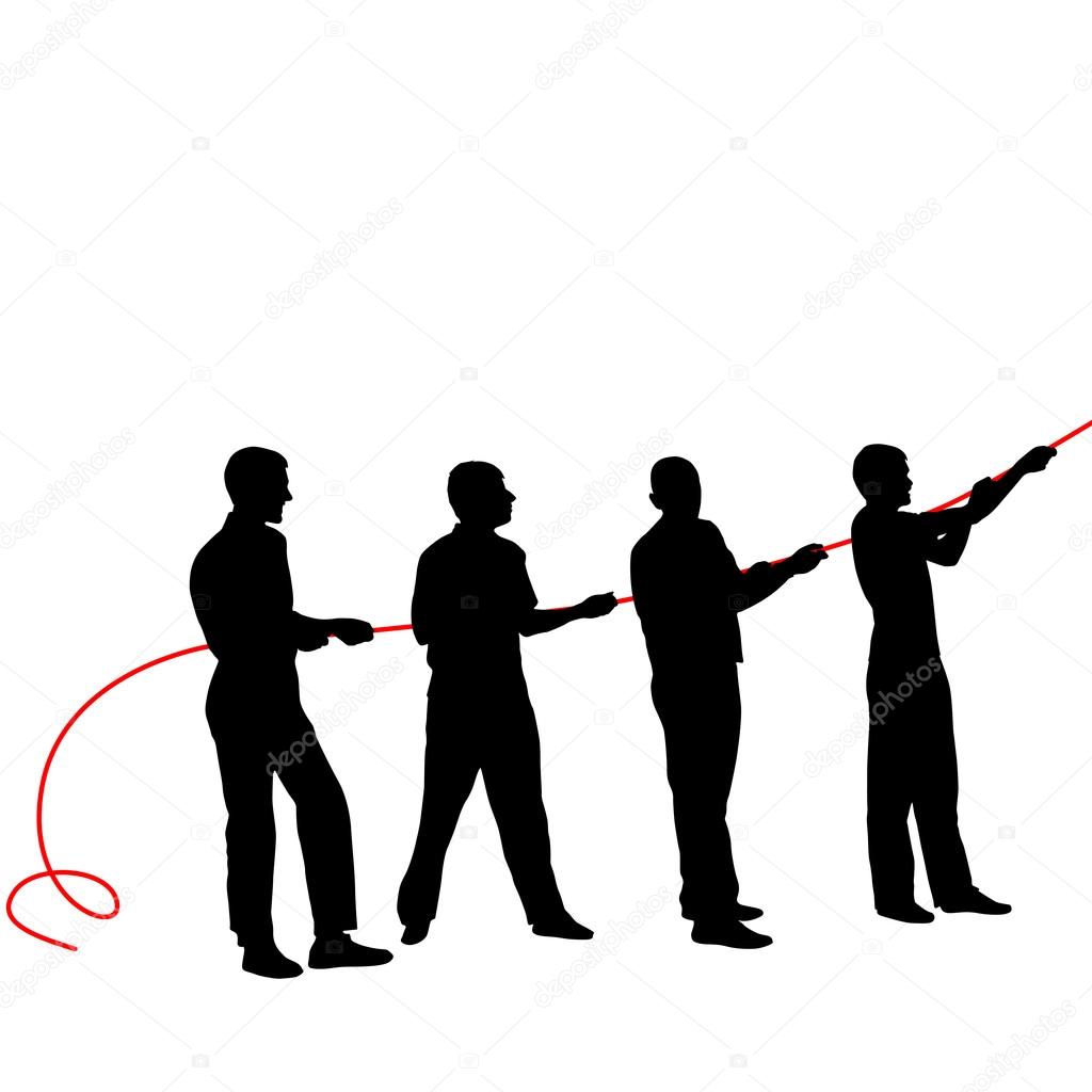 Black silhouettes of people pulling rope . Vector illustration. Stock