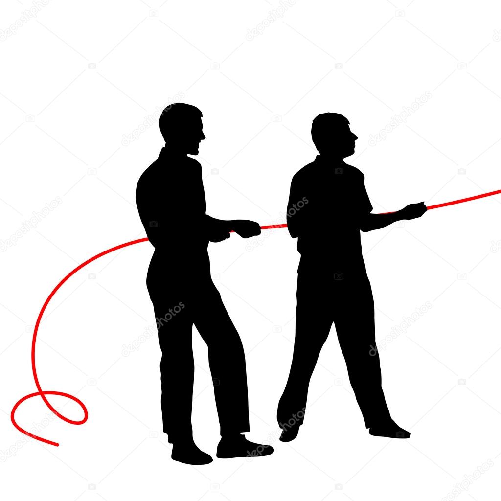 Black silhouettes of people pulling rope . Vector illustration