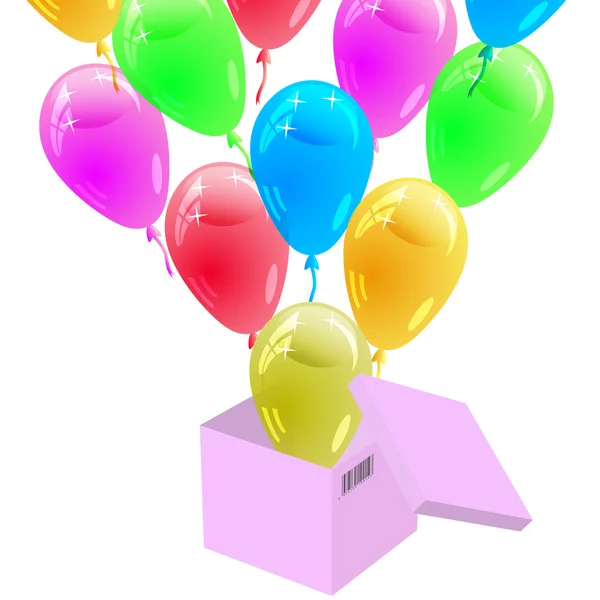 Balões multicoloridos brilhantes voando para fora da caixa de papelão. Ve — Vetor de Stock