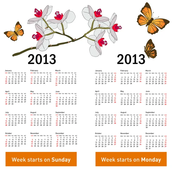 Stylish calendar with flowers and butterflies for 2013. — Stock Vector