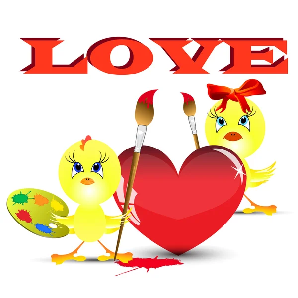 Deux poulets sur le coeur de peinture de la Saint-Valentin — Image vectorielle