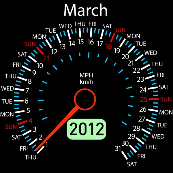 2012 rok kalendáře otáčkoměr auto ve vektoru. březen. — Stockový vektor