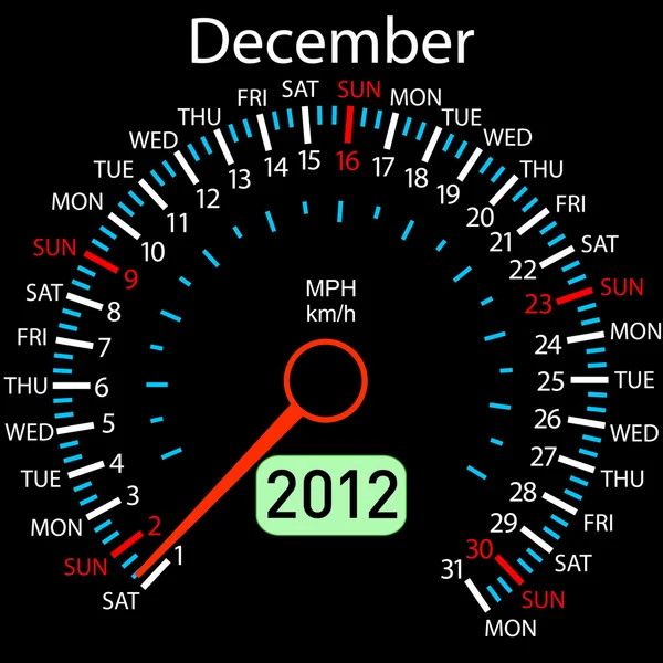 Kalendarz 2012 roku prędkościomierza samochód wektor. grudnia. — Wektor stockowy