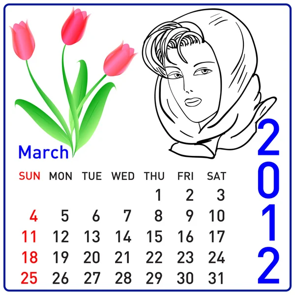 2012 year calendar in vector. March. — Stock Vector