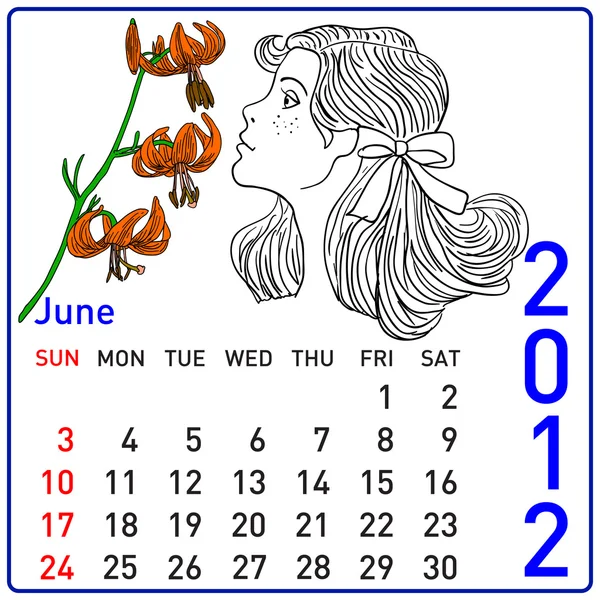 2012 año calendario en vector. Junio . — Archivo Imágenes Vectoriales