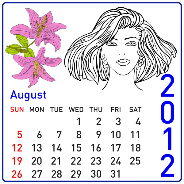 Calendario 2012 anno in vettore. Agosto . — Vettoriale Stock