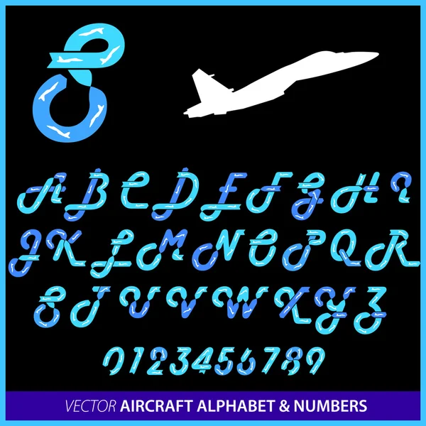 Aerobatics in an airplane alphabet letters and numbers — Stock Vector