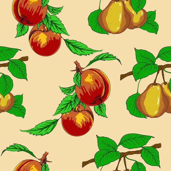 Naadloos behang met perziken en peren. — Stockvector