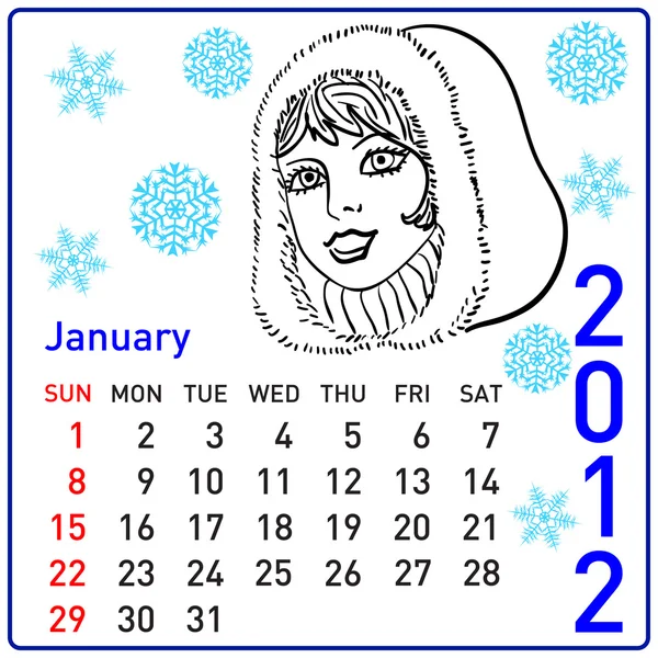 2012 year calendar in vector. January. — Stock Vector