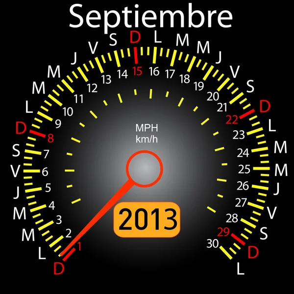 2013 year calendar speedometer car in Spanish. September — Stock Vector