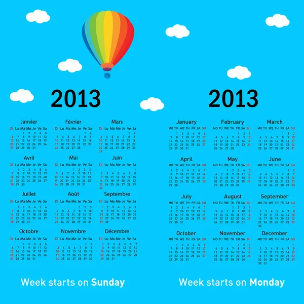 Tyylikäs ranskalainen kalenteri ilmapallo ja pilvet 2013. Ranskasta. — vektorikuva
