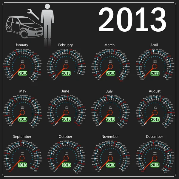2013 jaar kalender snelheidsmeter auto in vector. — Stockvector
