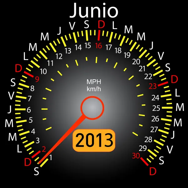 2013 year calendar speedometer car in Spanish. June — Stock Vector