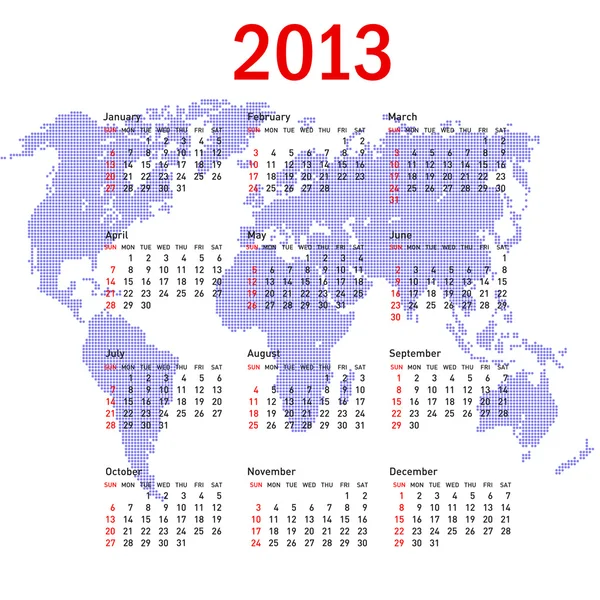 カレンダー 2013 年世界地図を使用。日曜日最初 — ストックベクタ