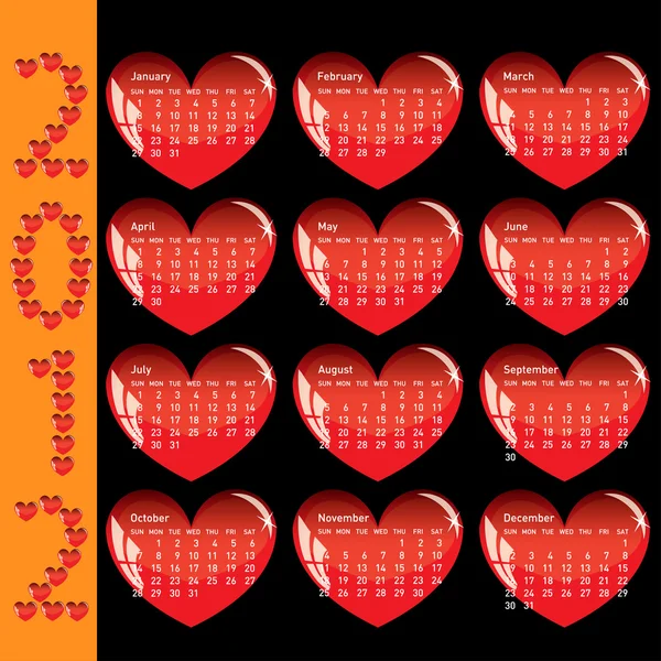 Elegante calendario con corazones rojos para 2012. Los domingos primero. — Archivo Imágenes Vectoriales