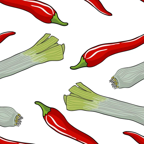Patrón de verduras sin costura puerro y pimiento rojo — Vector de stock