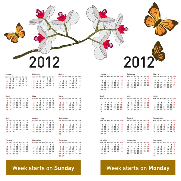 Stylish calendar with flowers and butterflies for 2012. Week sta — Stock Vector