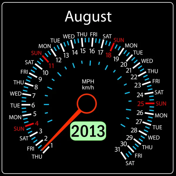 2013 year calendar speedometer car in vector. August. — Stock Vector