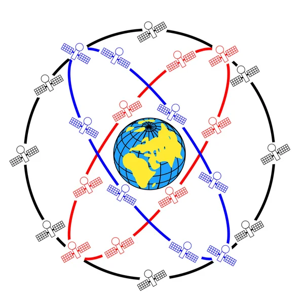 Space satellites in eccentric orbits around the Earth. — Stock Vector