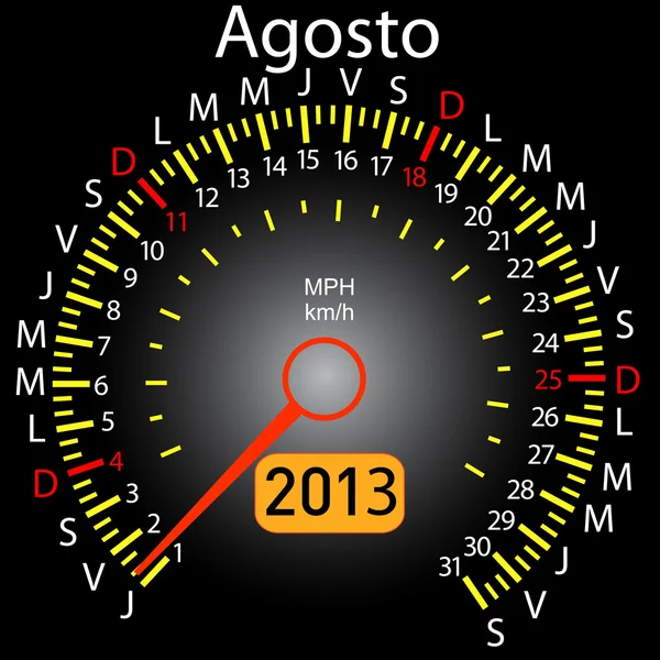 2013 jaar kalender snelheidsmeter auto in het Spaans. augustus — Stockvector